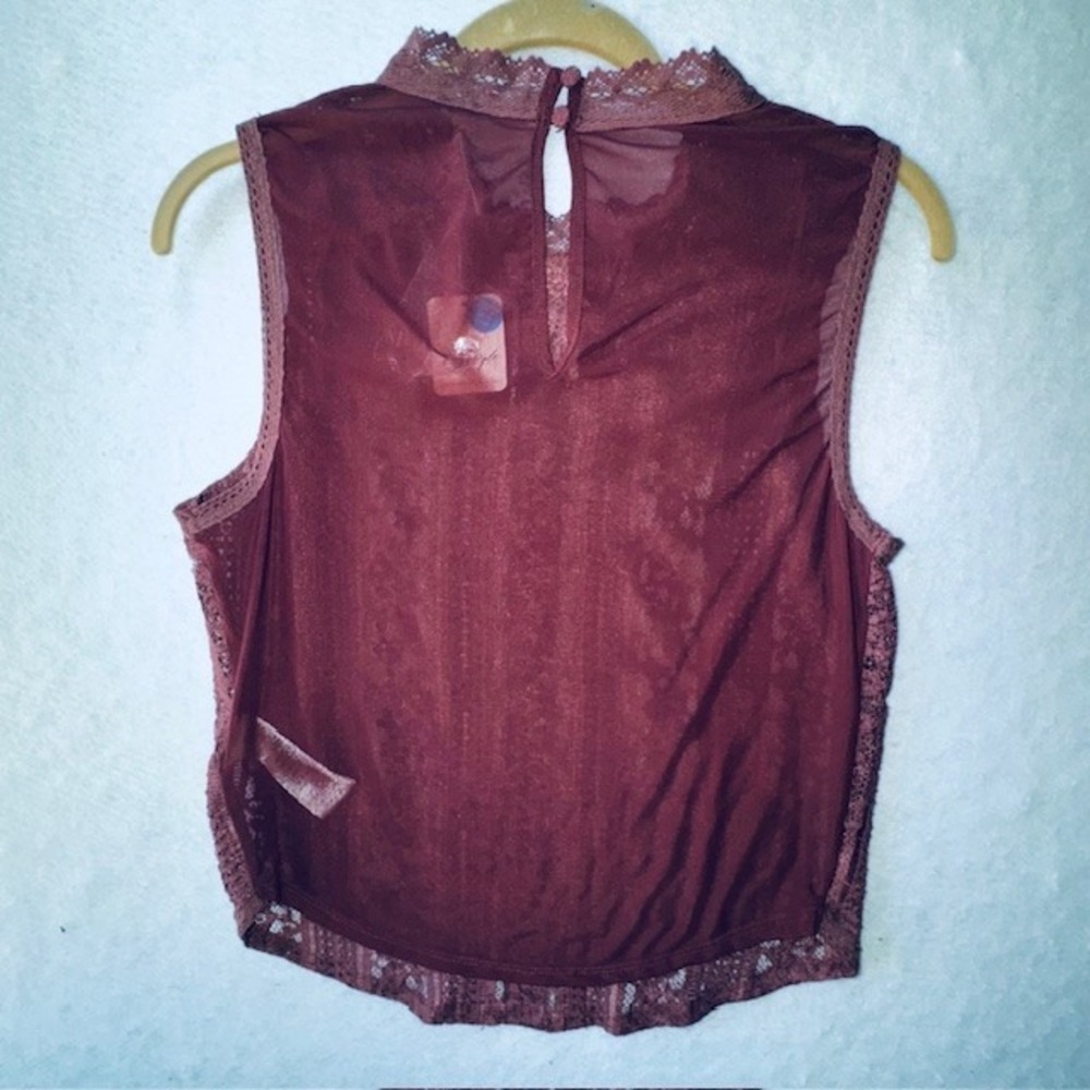 Free People Tea Party Top Burgundy Wine MED Womens Lace Sheer Peasant Boho NWT - Picture 2 of 8